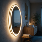 Side-on view showing the standoff gap and depth of the backlight behind the lit mirror.