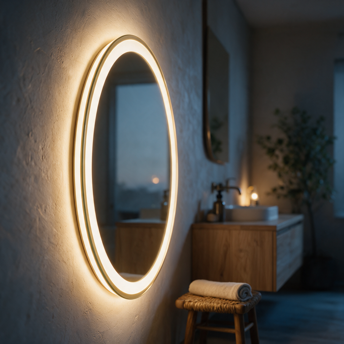 Side-on view showing the standoff gap and depth of the backlight behind the lit mirror.