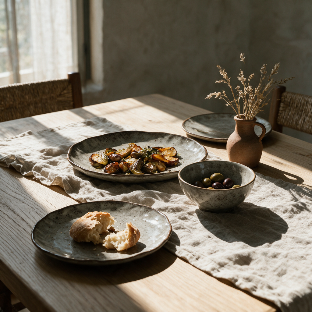 Speckled stoneware platter, plates and bowl laid for a meal on an oak dining table.