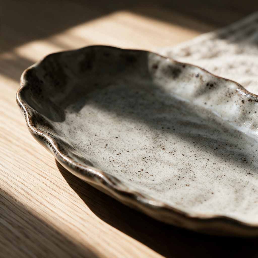 Macro detail of the irregular rim where the speckled glaze thins over the edge.