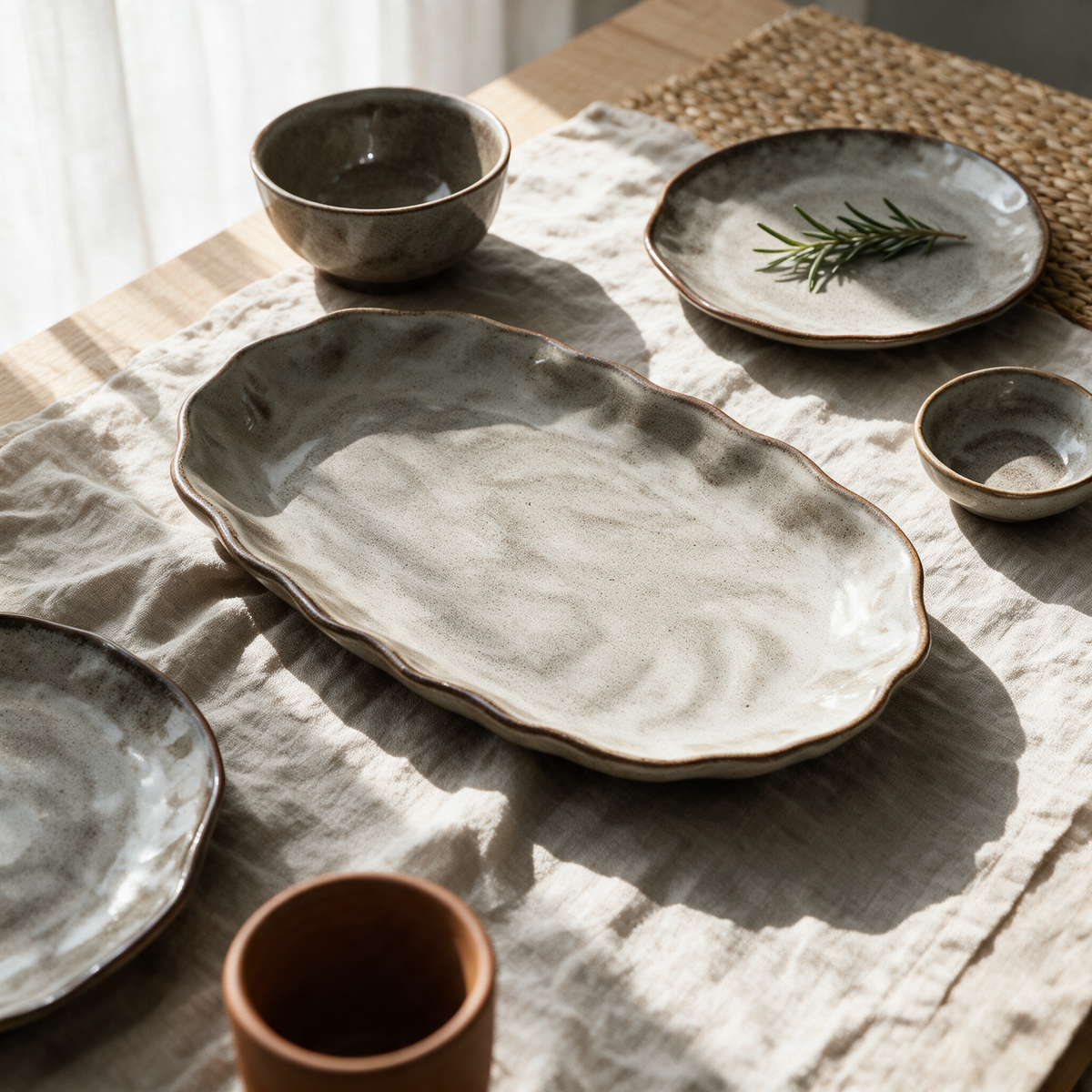Overhead view of the full stoneware range arranged on a linen cloth on an oak table.