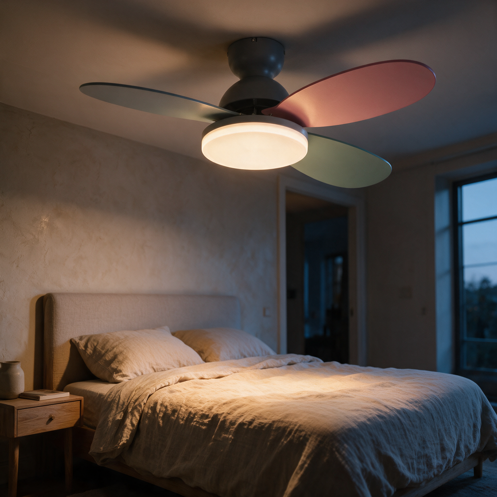 A three-blade flush mount ceiling fan with its light on above a linen-dressed bed at dusk.