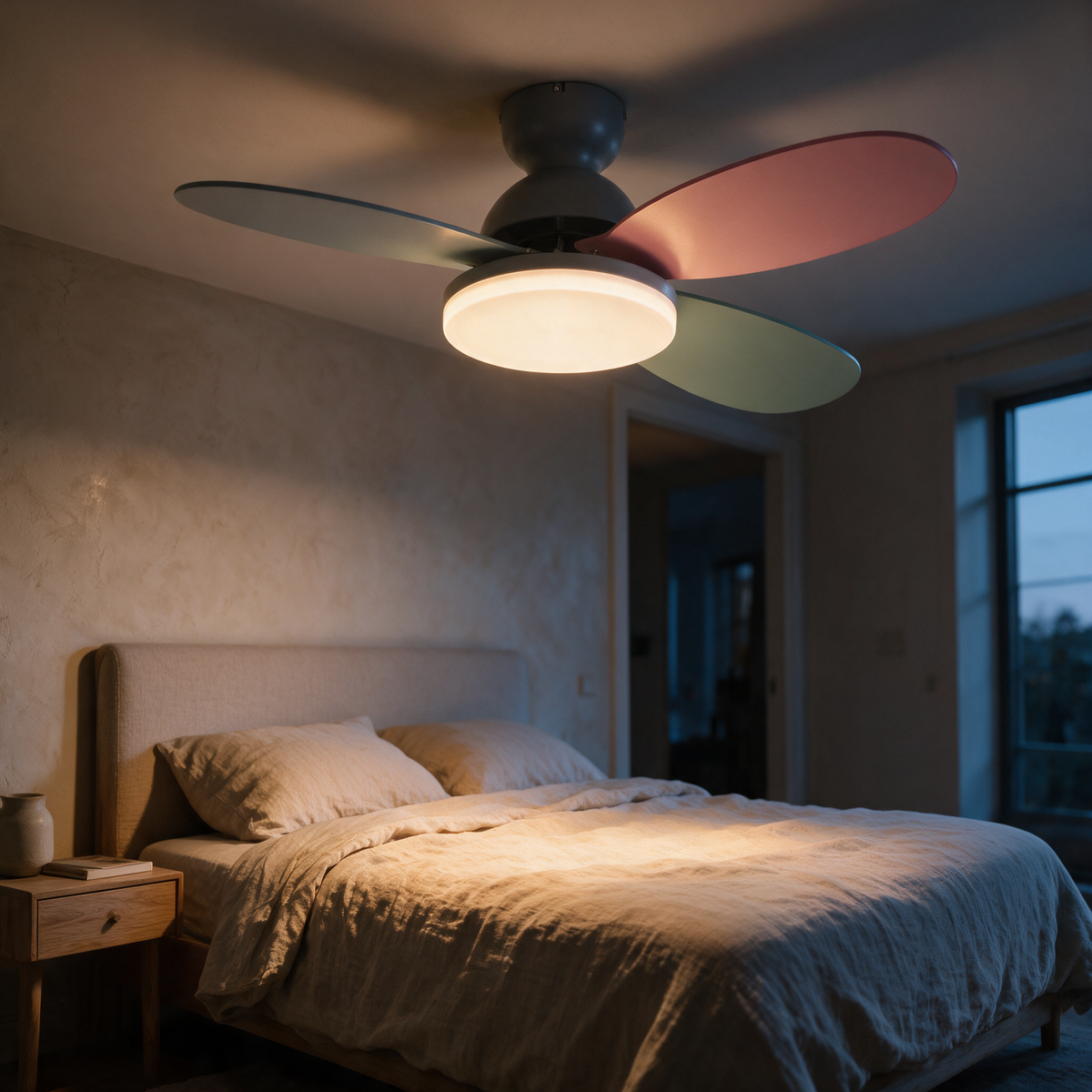 A three-blade flush mount ceiling fan with its light on above a linen-dressed bed at dusk.