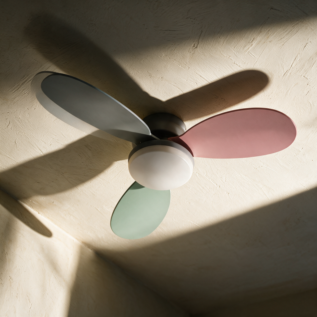 A three-blade flush mount ceiling fan in grey, pink and sage on a plaster ceiling in raking sunlight.