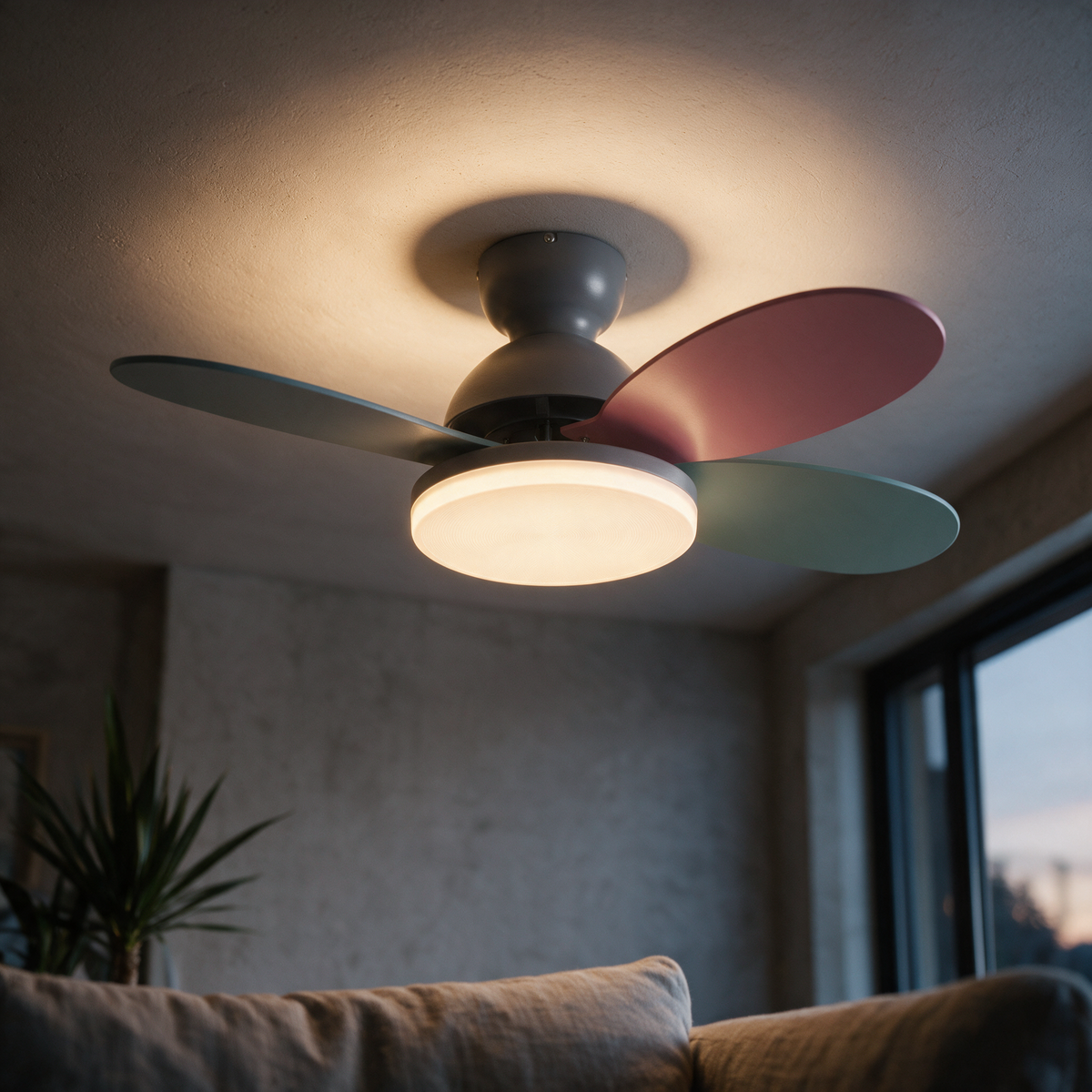A three-blade flush mount ceiling fan seen from below in a living room at dusk.