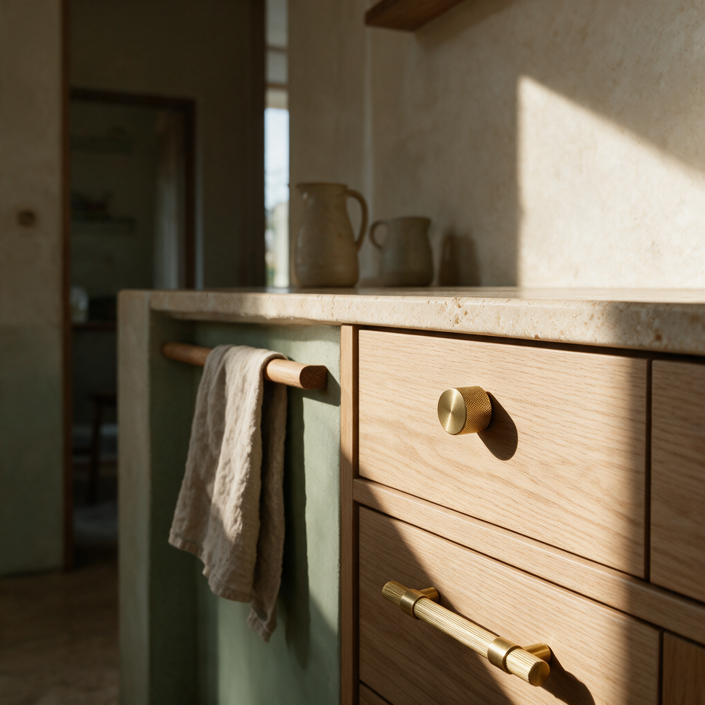 Knurled solid brass handles fitted to pale oak cabinet and drawer fronts in a warm kitchen.