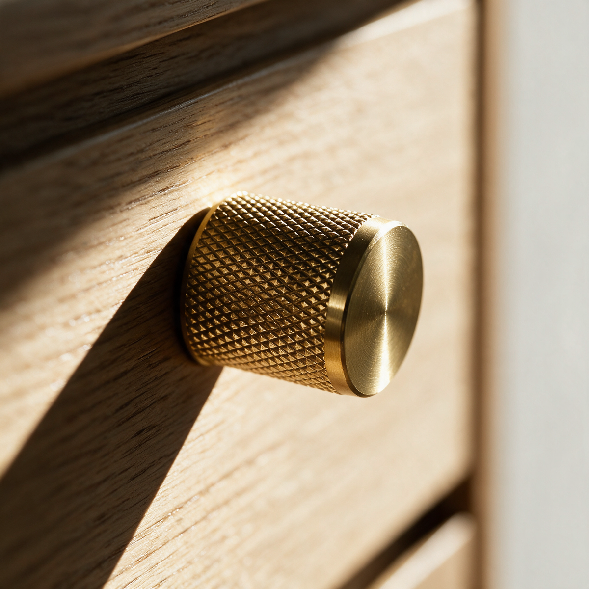 Macro view of a small knurled solid brass cabinet knob on an oak drawer front.