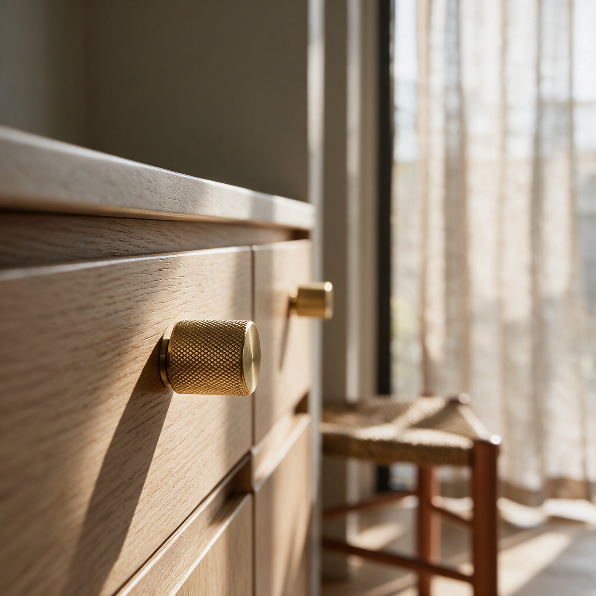 A knurled brass knob on a run of pale oak drawers with a rush stool and window beyond.