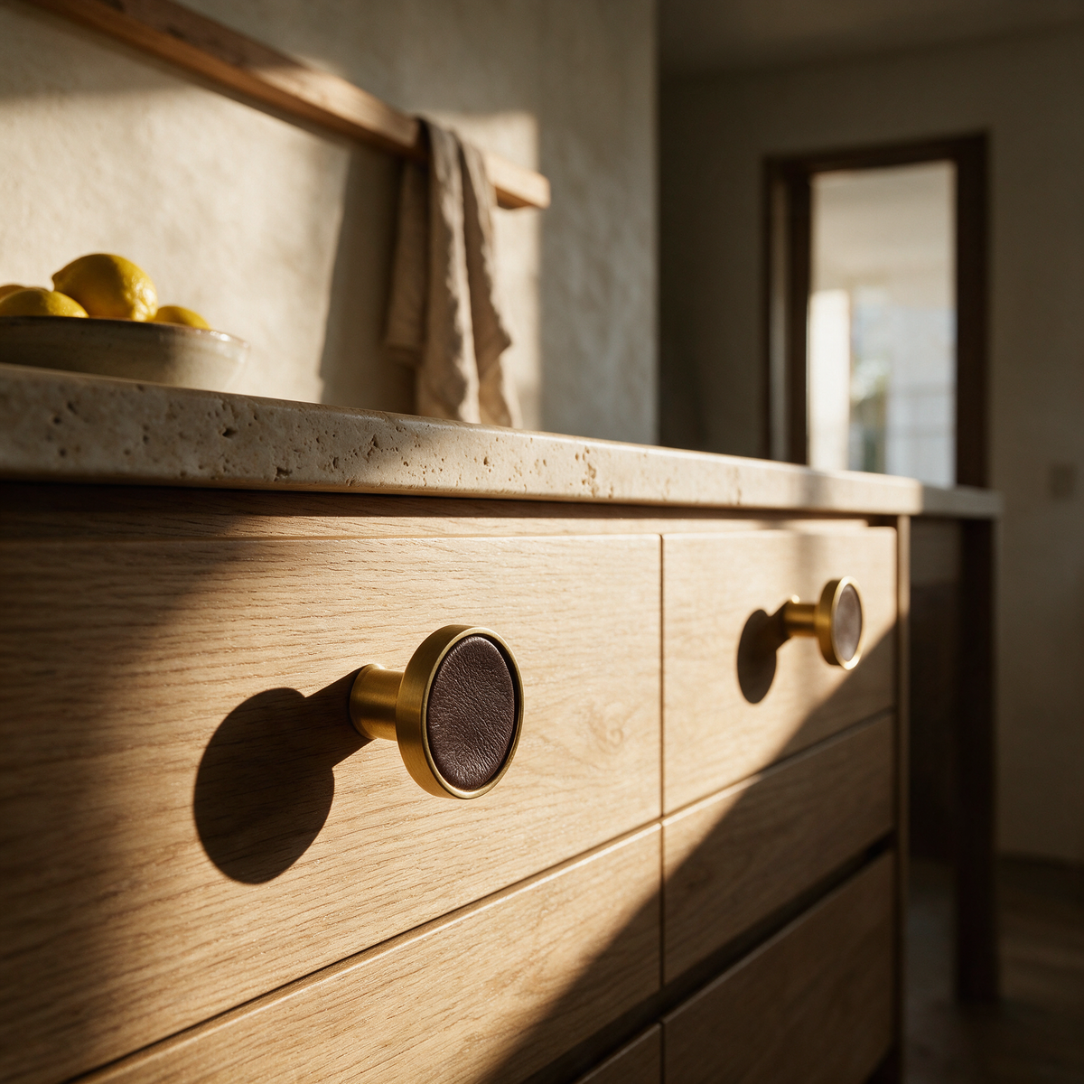 Brass cabinet knobs with dark leather insets fitted to pale oak drawer fronts in a warm kitchen.
