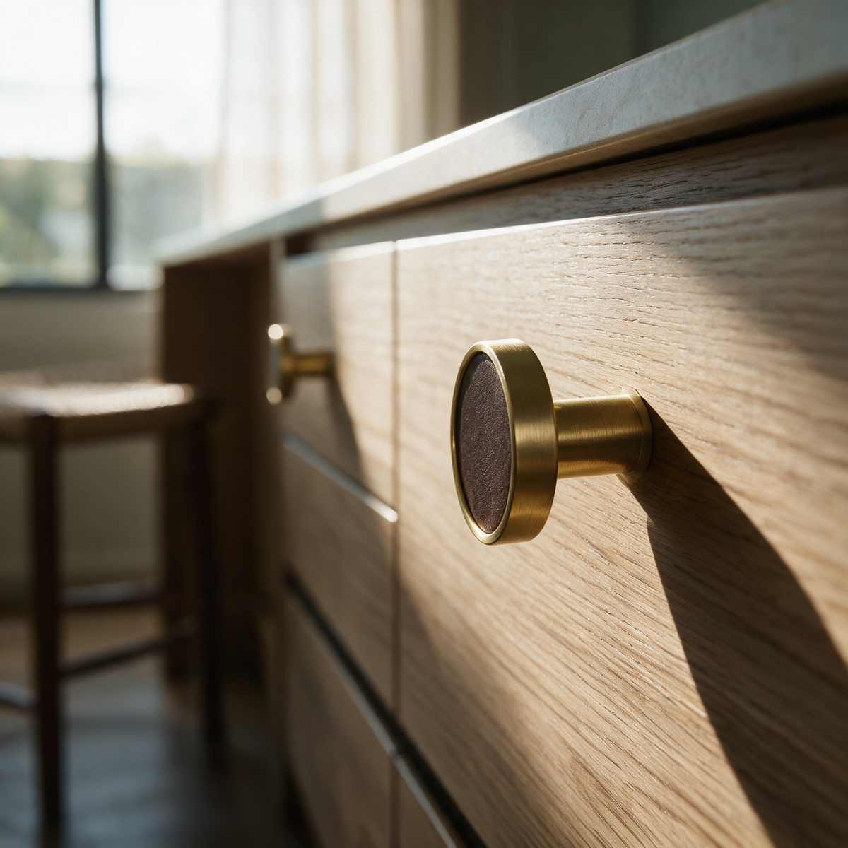 Near-profile view of the knob standing proud of an oak drawer front.