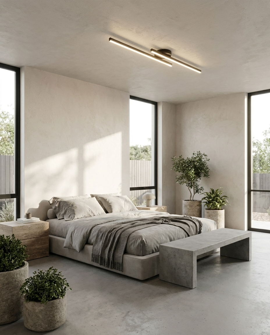 Meridian slim LED ceiling light, lifestyle shot in bedroom