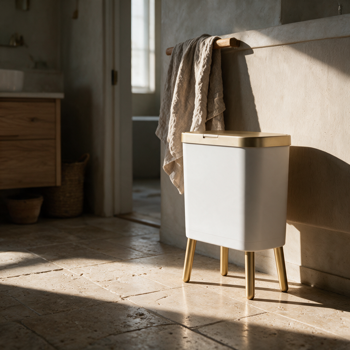 White push-top bin on four slim brass legs standing beside a pale oak vanity on a travertine floor.