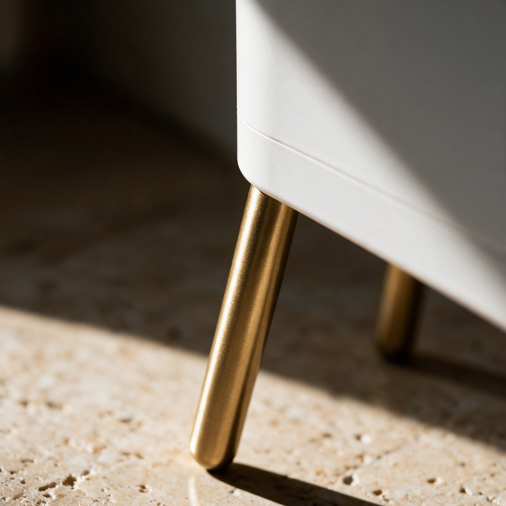 Macro view where a slim brass leg joins the painted white body of the bin.