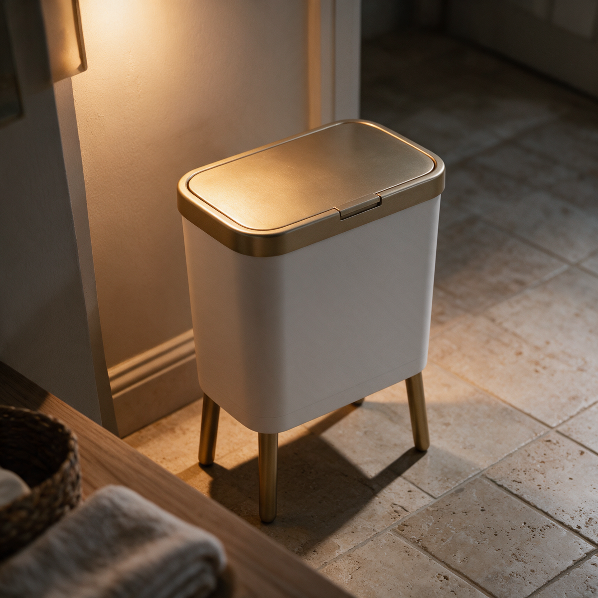 Downward view of the brass push-top lid and the top of the white drum.