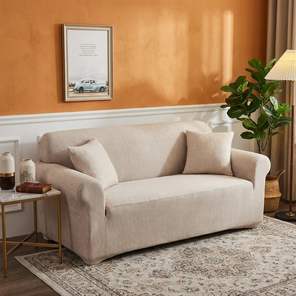 Nook Cream Stretch Sofa Cover with Cross-Hatch Weave