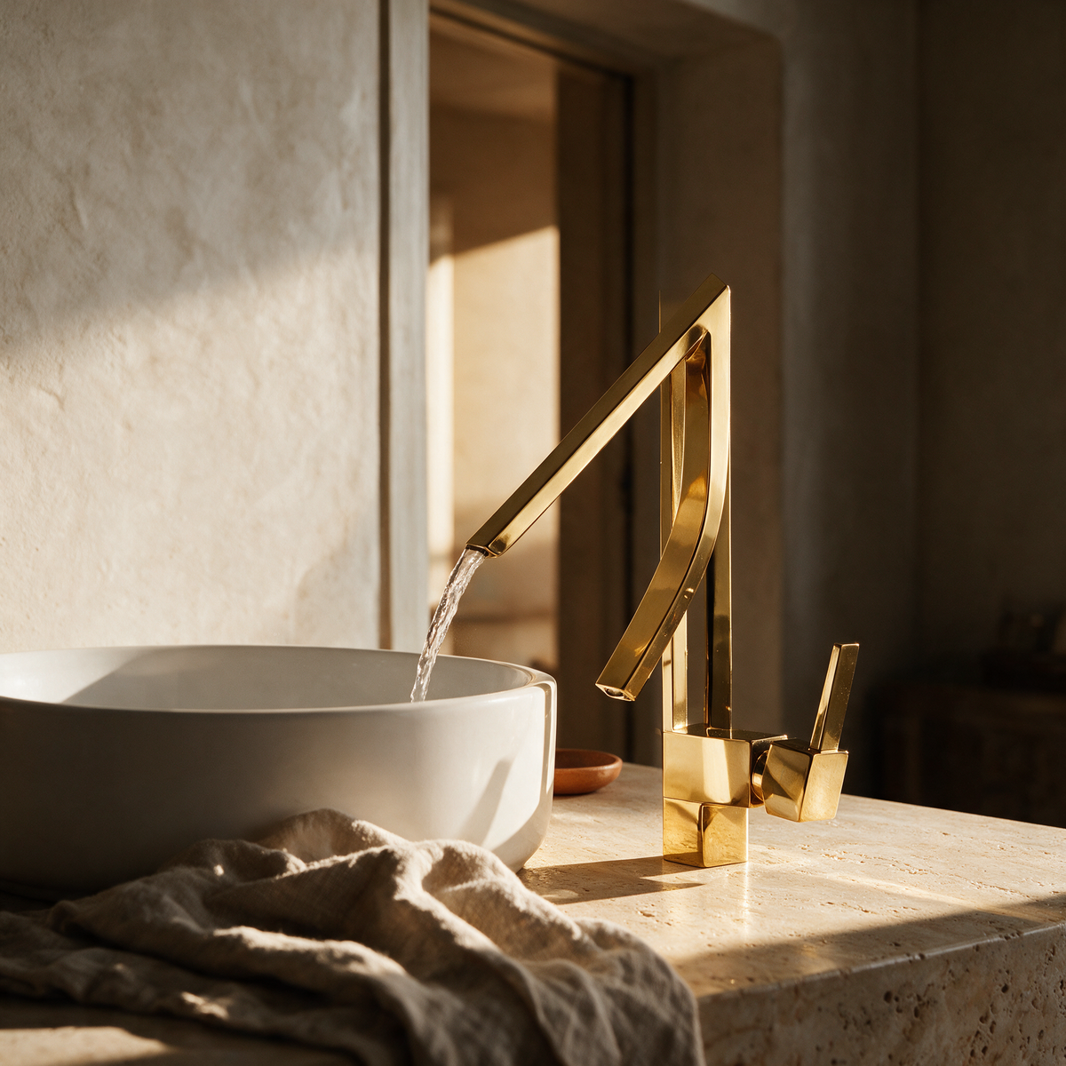 Tall folded zigzag ribbon basin mixer in polished gold beside a round vessel basin on a travertine vanity.