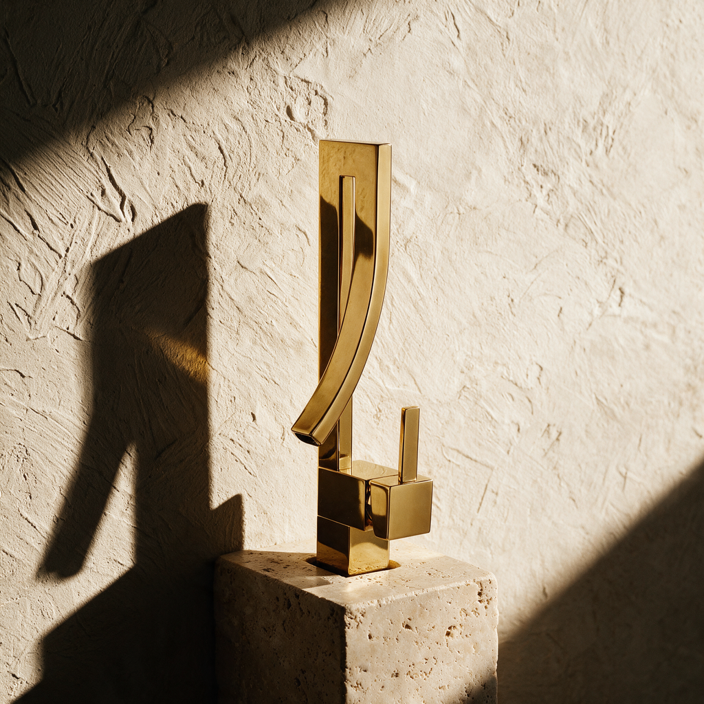 The gold folded mixer alone on a travertine plinth against a textured plaster wall.