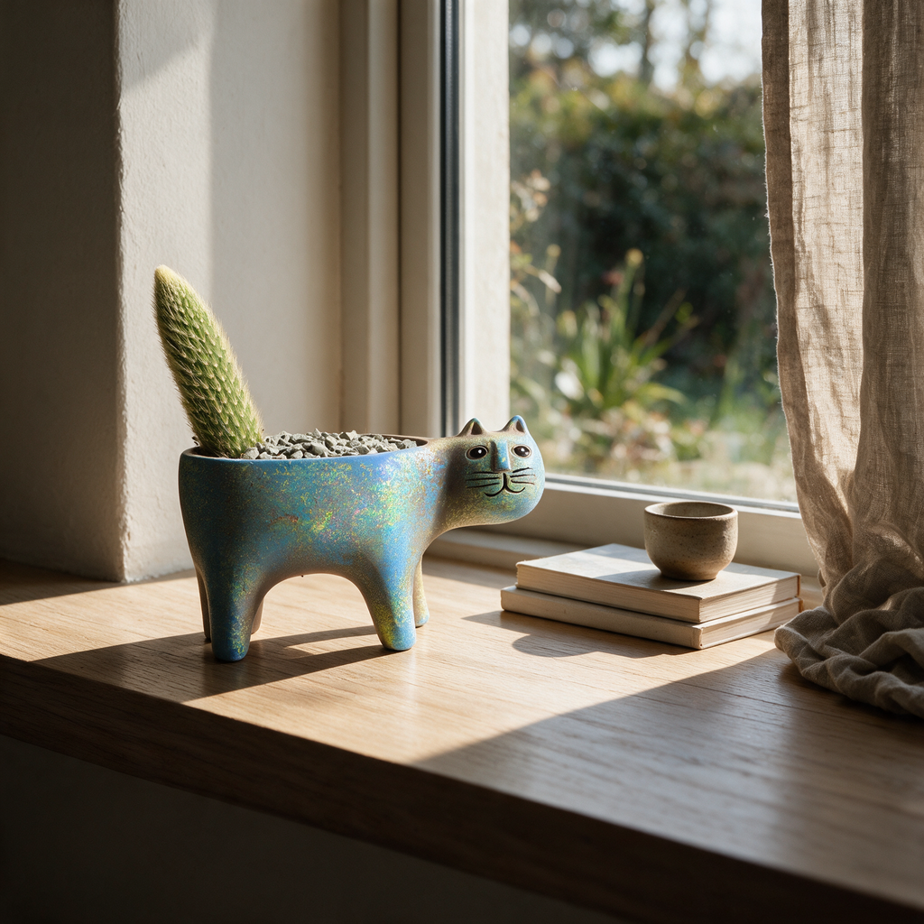 Cat-shaped ceramic planter in iridescent blue-green glaze holding a small cactus on an oak windowsill.