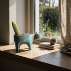 Cat-shaped ceramic planter in iridescent blue-green glaze holding a small cactus on an oak windowsill.