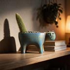 Side profile of the cat planter on a shelf with a cactus rising from its back.