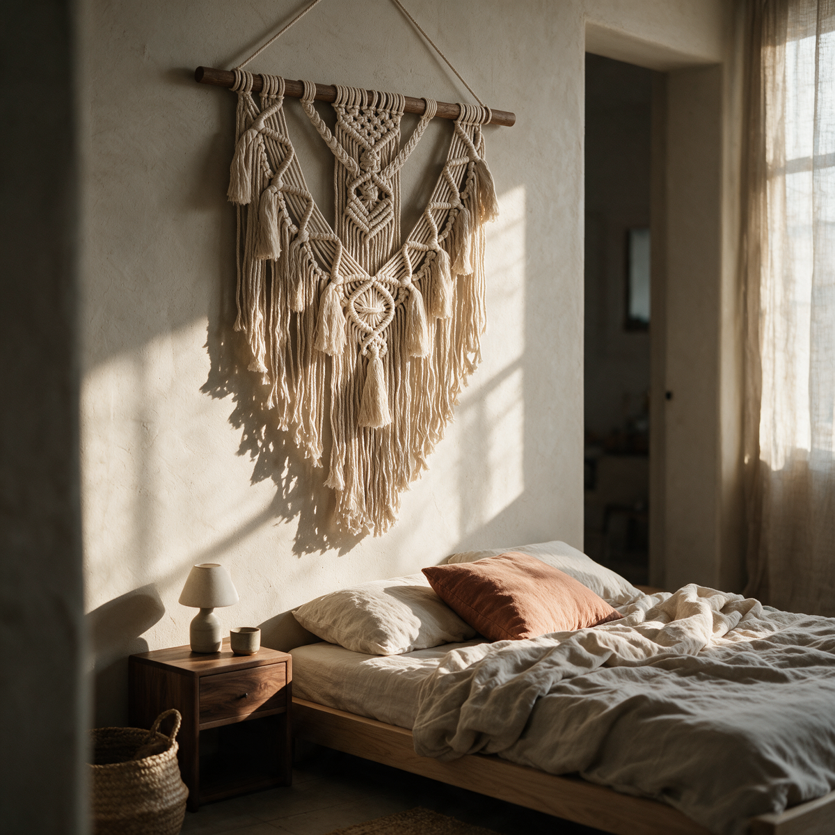 Large cream rope macrame wall hanging above a bed in late afternoon light
