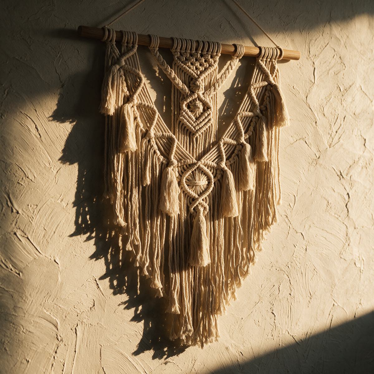 The hanging alone on a textured plaster wall with raking light through the knotwork