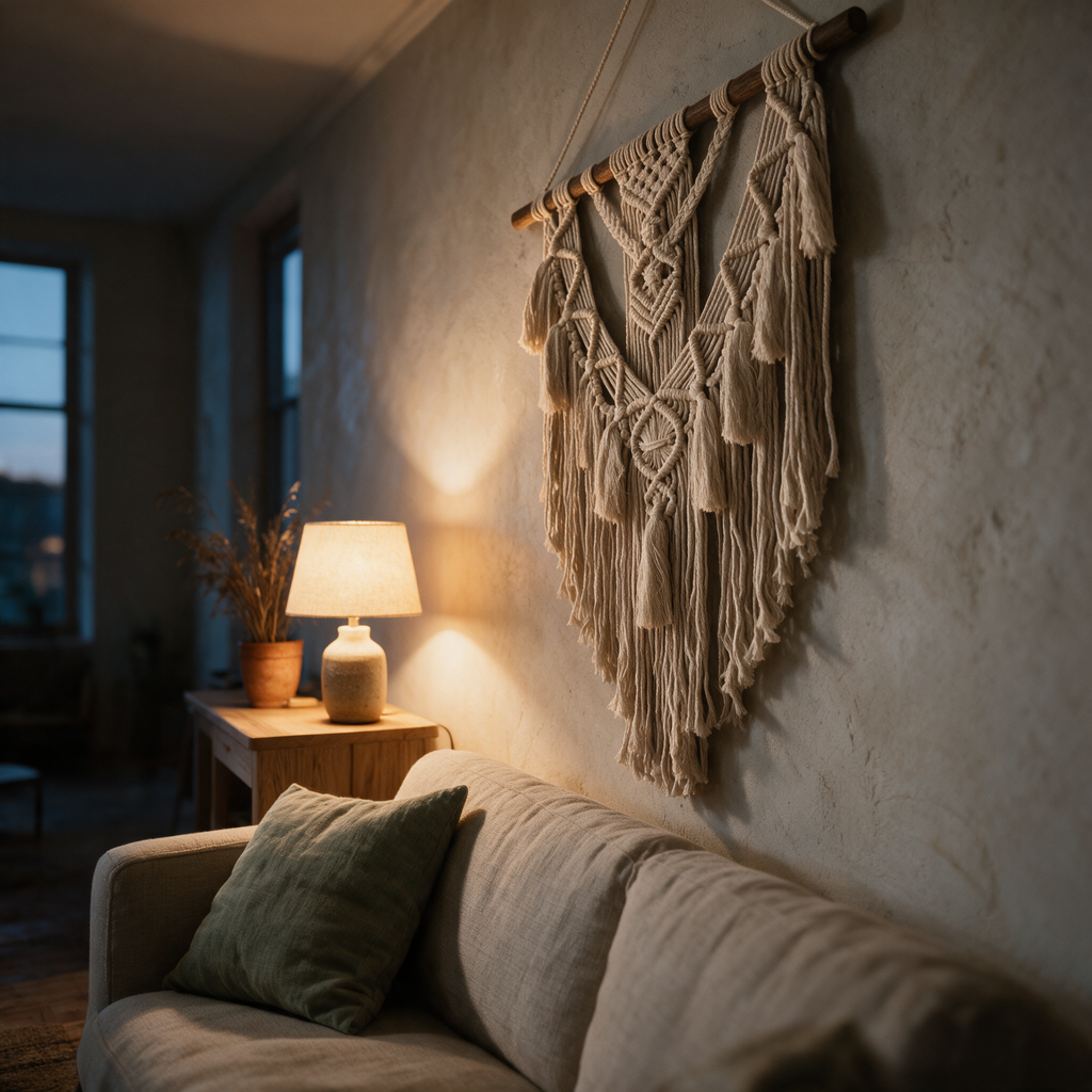 Steep side view of the hanging above a sofa in lamplight at dusk