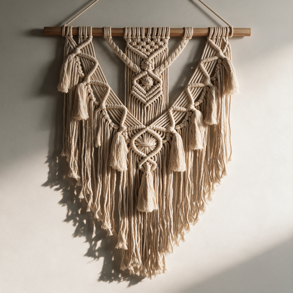 Rannoch Cream Macramé Wall Hanging on Timber Dowel — Beige