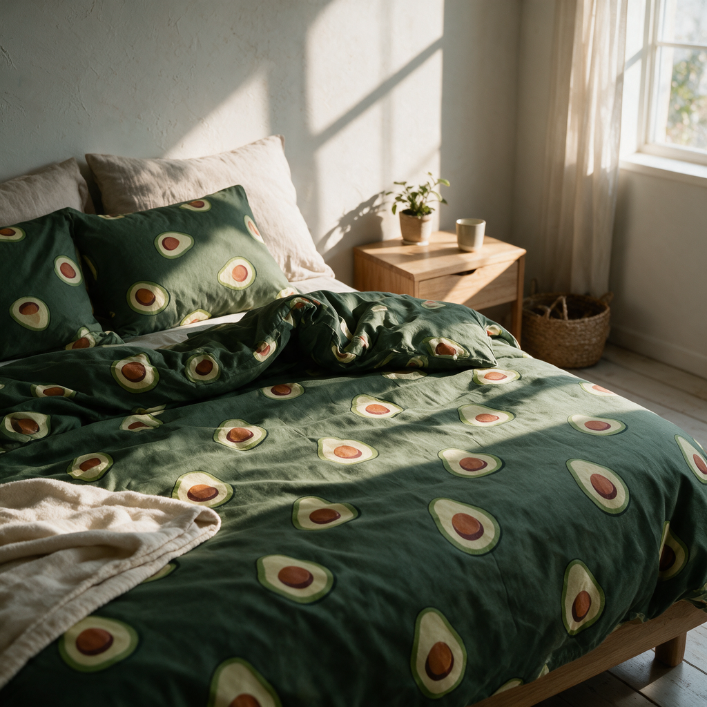 Dark green quilt cover with a scattered avocado print dressed on a low oak bed in afternoon light.