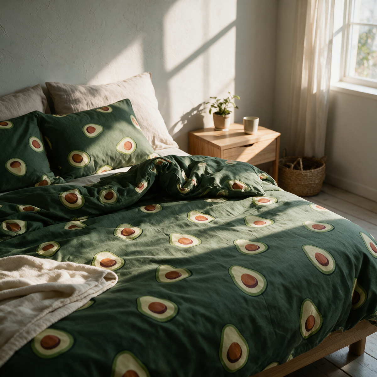 Dark green quilt cover with a scattered avocado print dressed on a low oak bed in afternoon light.