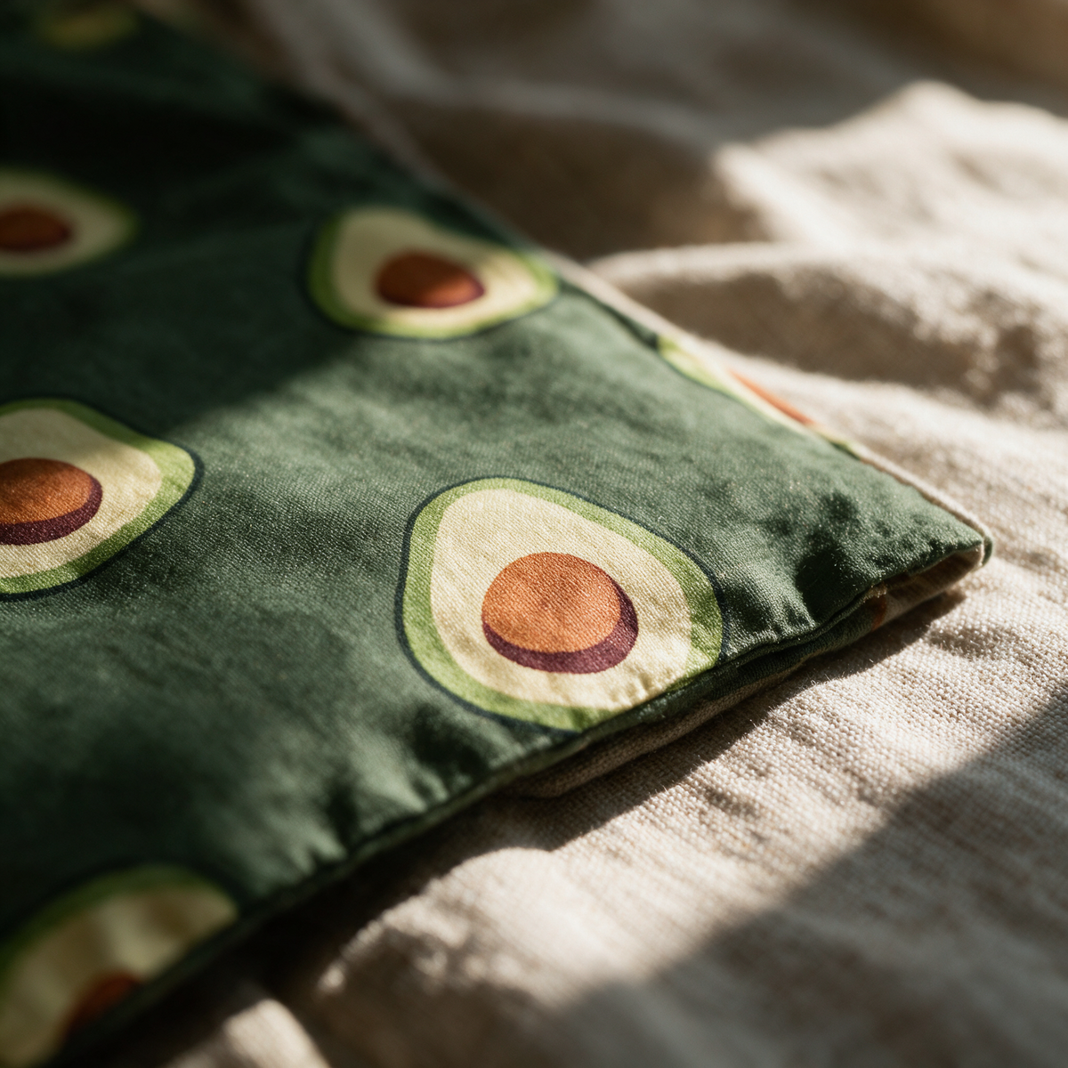 Macro detail of printed avocado halves on the deep green woven fabric beside a hemmed edge.