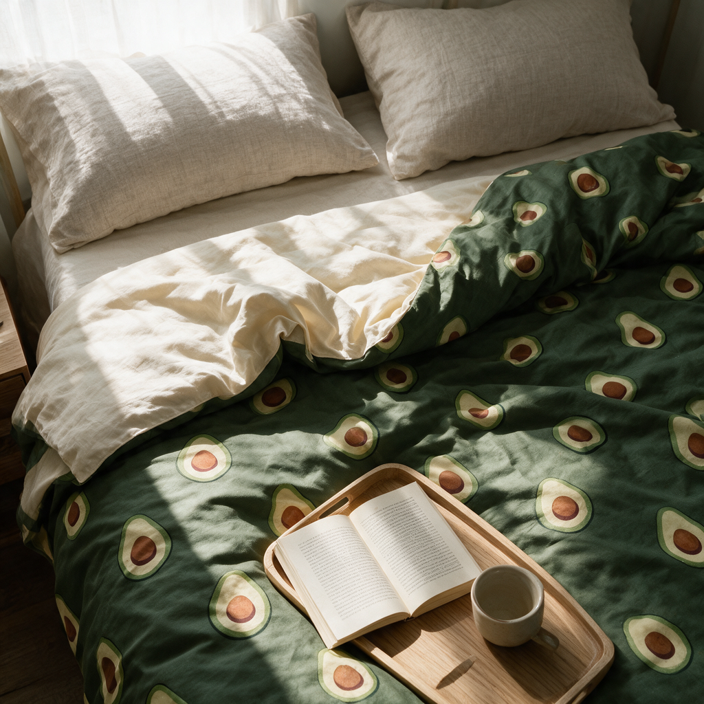 Overhead view of the avocado quilt across a made bed with the corner turned back.
