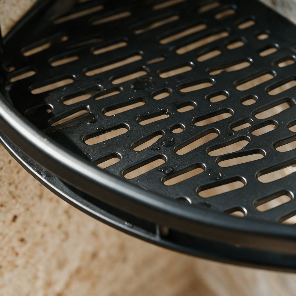 Close up of the slotted drainage base of a matte black corner shower shelf