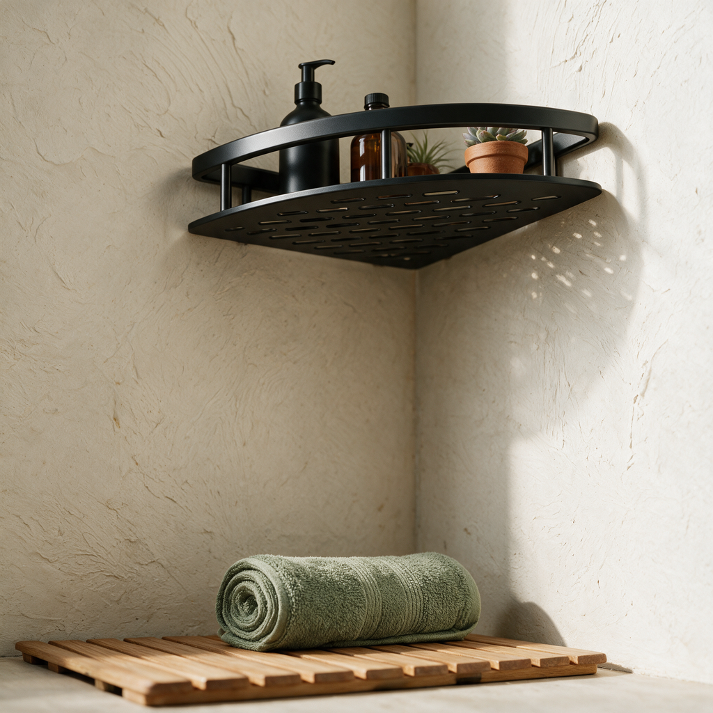 Corner shower shelf mounted high in a plastered wet room corner above a timber slat mat