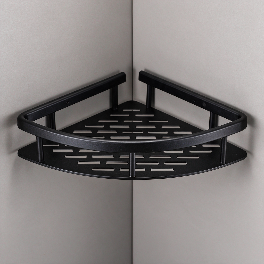 Rhos Corner Shower Shelf with Perforated Base — Black