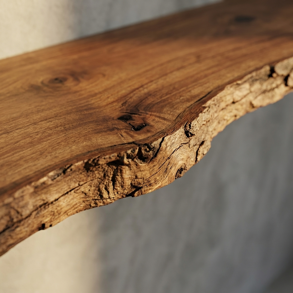 Ridgeline live-edge wood shelf, close-up live edge detail