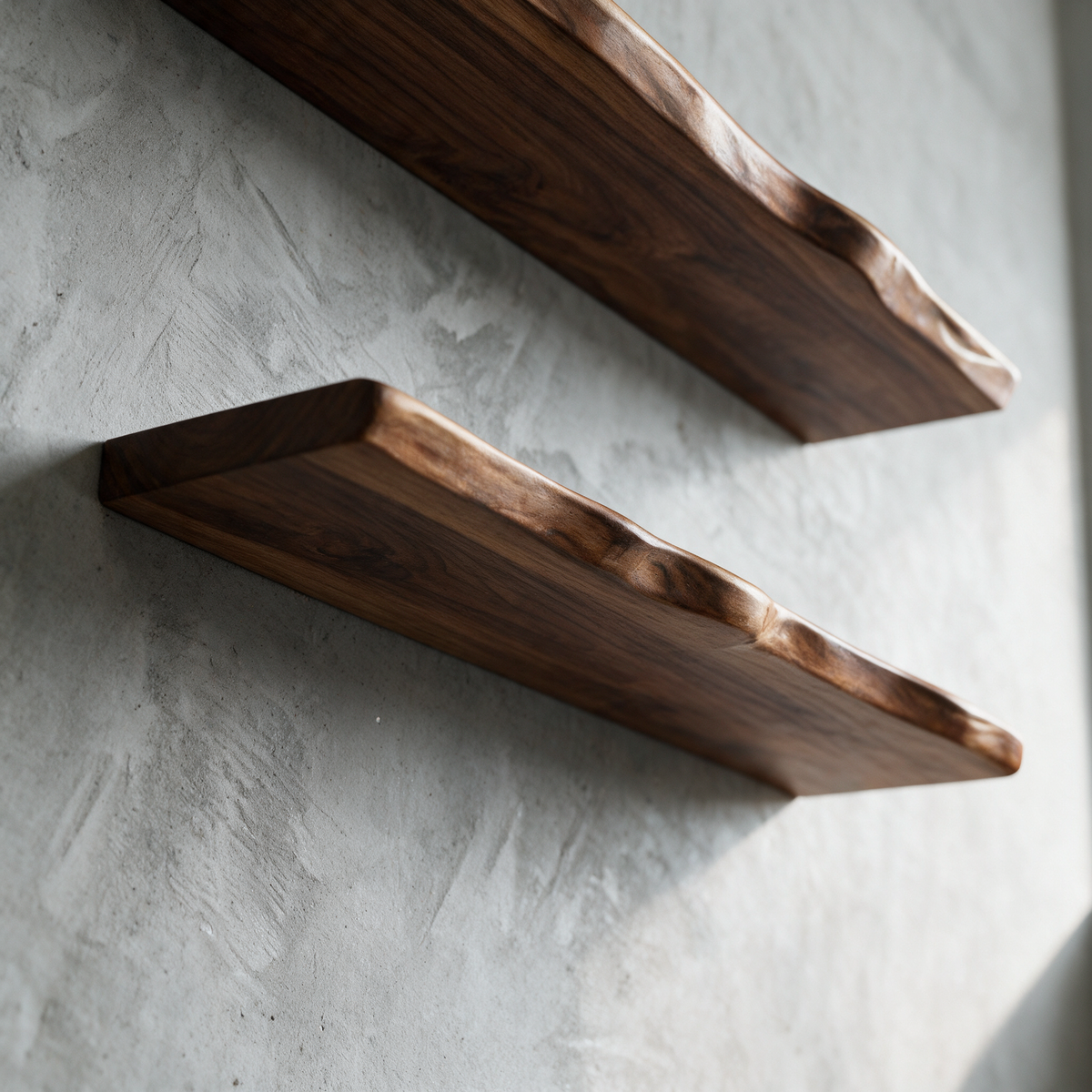 Two staggered live edge walnut floating shelves on a pale concrete wall