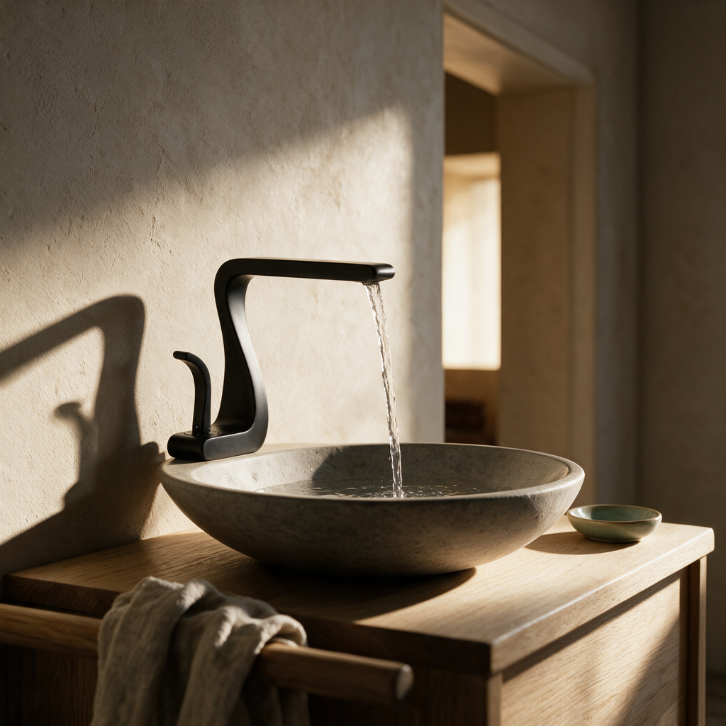 Matte black S-curve ribbon basin mixer arcing over a stone vessel basin on a pale oak vanity.