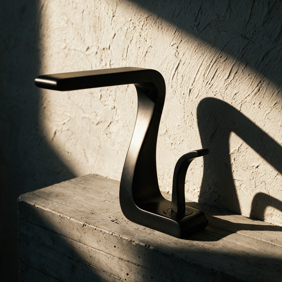 The S-curve mixer alone on a concrete plinth against a textured plaster wall.