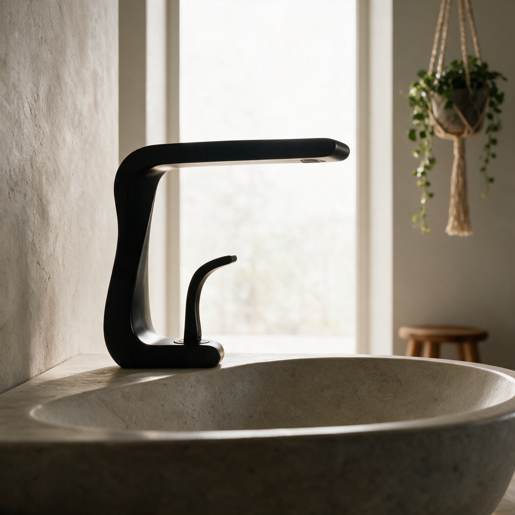 Matte black sculptural S curve basin mixer with a separate lever handle backlit by a bathroom window