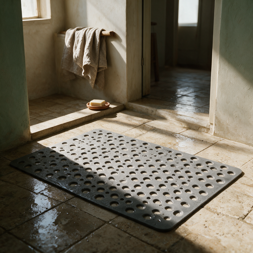 Grey rubber shower mat with drainage holes lying flat on a wet travertine shower floor.
