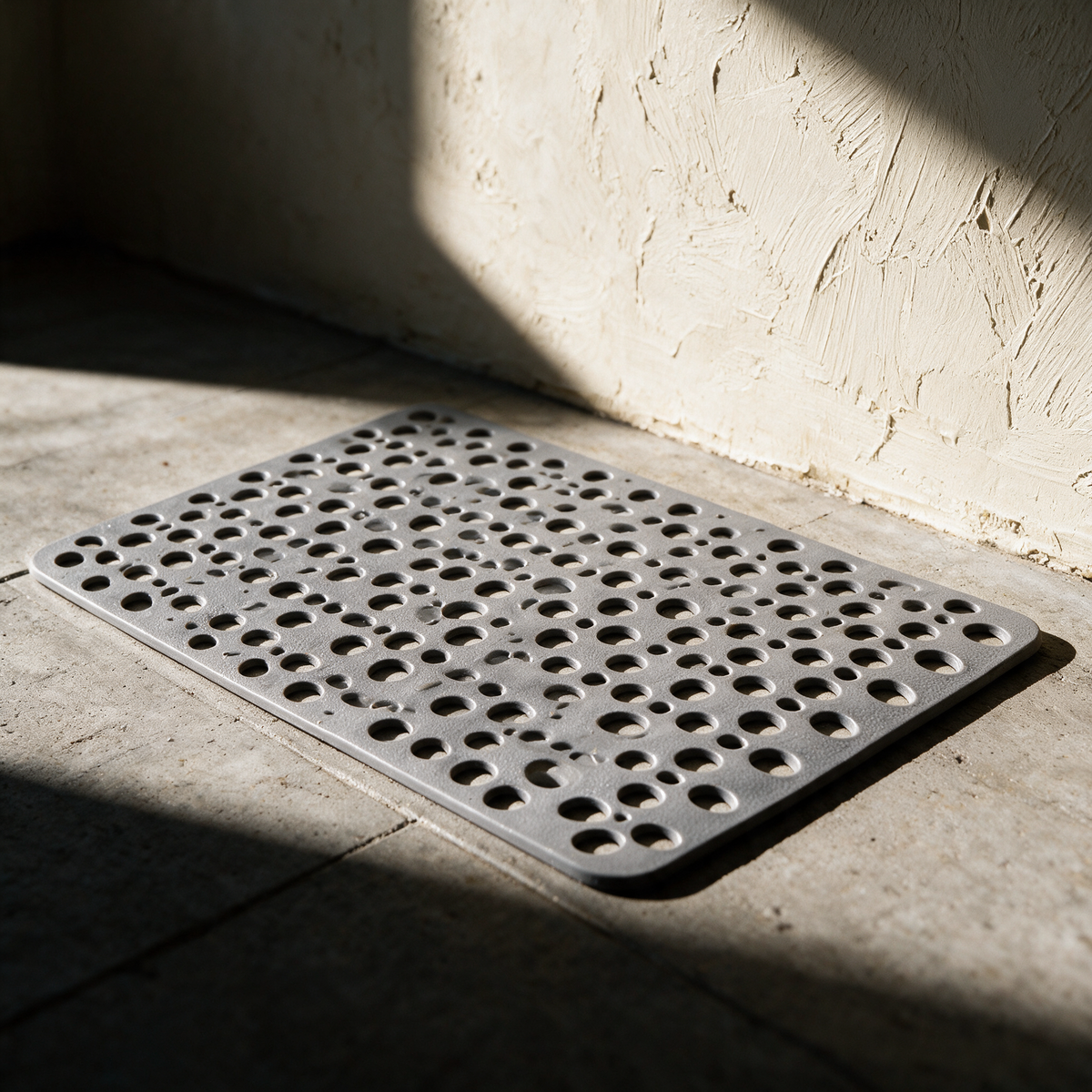 The dry shower mat alone on a concrete floor in hard raking light showing its drainage holes.