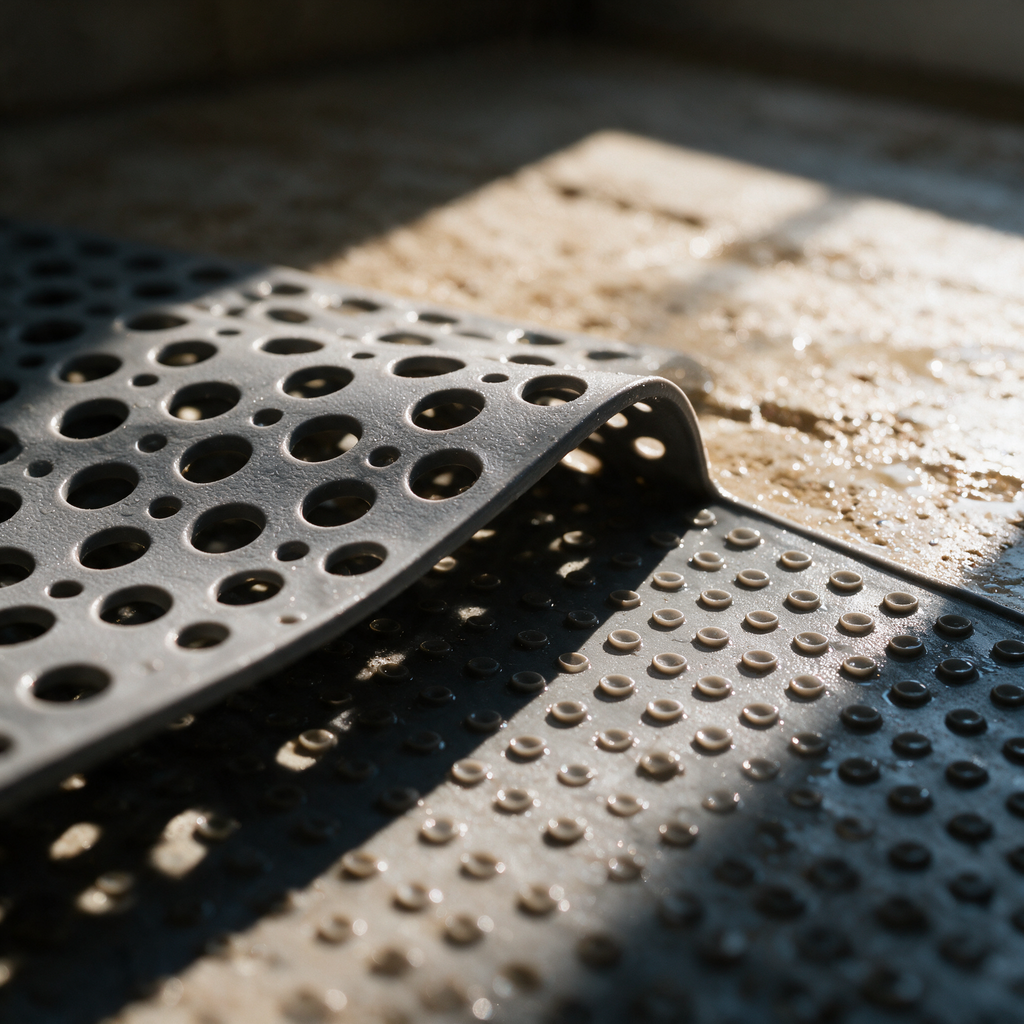 Close-up of a lifted corner showing the drainage holes on top and the suction cups underneath.
