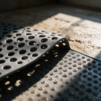 Close-up of a lifted corner showing the drainage holes on top and the suction cups underneath.