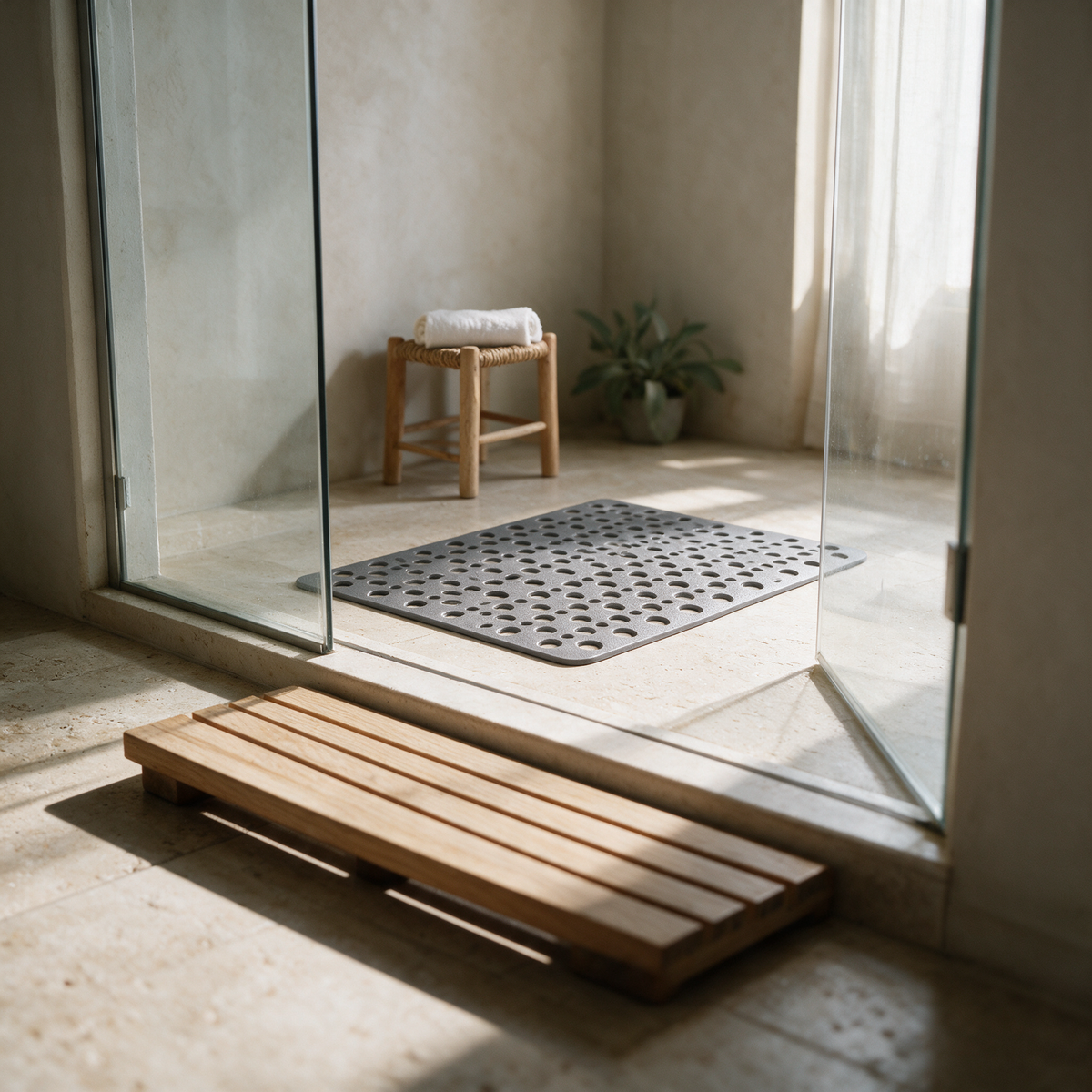 Low floor-level view across a bathroom with the mat lying flat in the shower base.