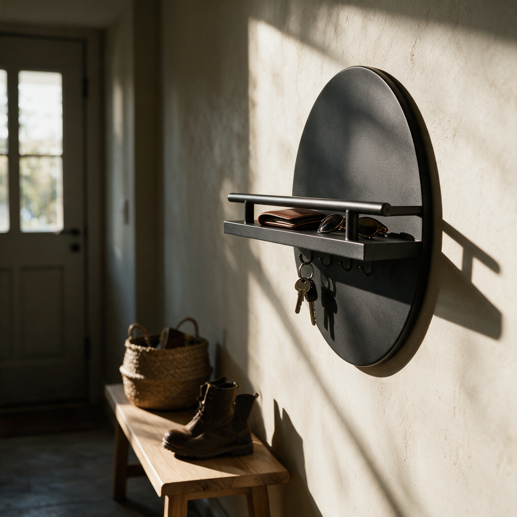 A round black wall key holder with a shelf in an entryway, keys hanging from the hooks.