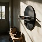 A round black wall key holder with a shelf in an entryway, keys hanging from the hooks.
