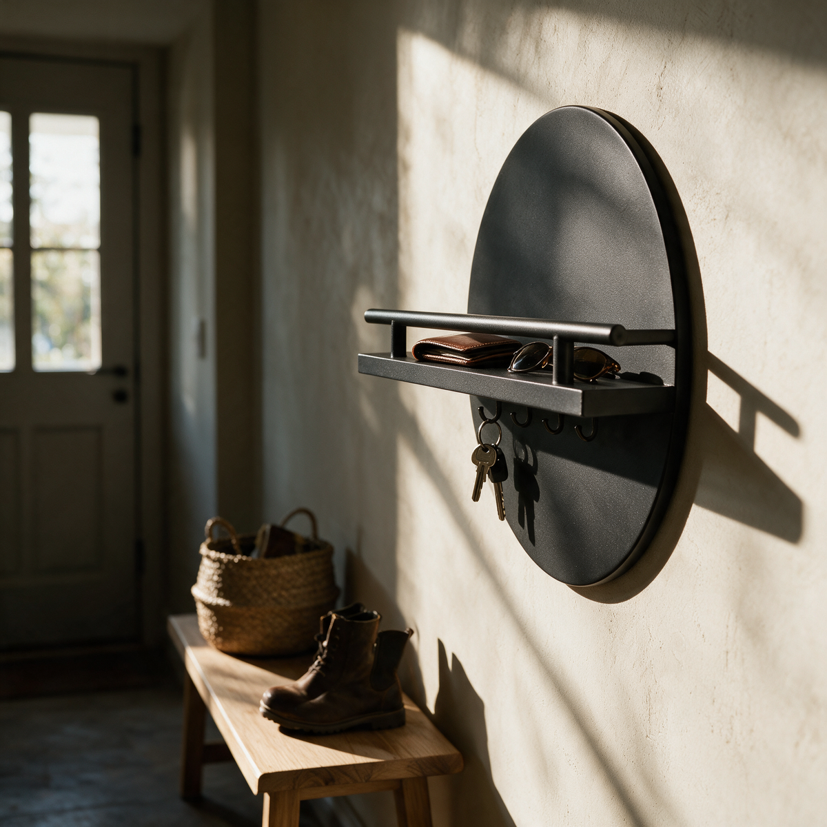 A round black wall key holder with a shelf in an entryway, keys hanging from the hooks.