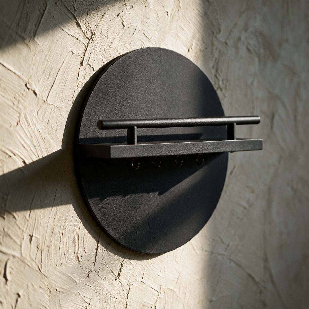 A round black wall key holder with a shelf, alone on a textured plaster wall in raking light.