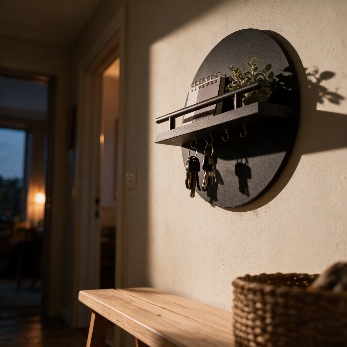 A round wall key holder seen from below in an entry hall, with a plant on the shelf and keys on the hooks.